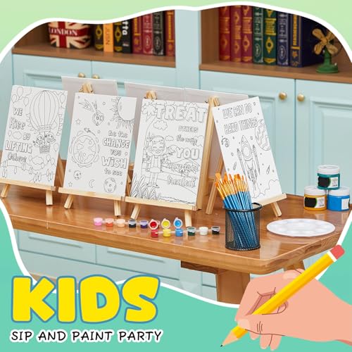 Ireer 12 Set Paint Party Set 8 x 10 Sip and Paint Kit Include 12 Printed Pre Drawn Canvas Panel, Wooden Easels, Palettes, Pots, Apron 36 Brushes for Adult Art DIY Party(Inspirational) - style: Inspirational