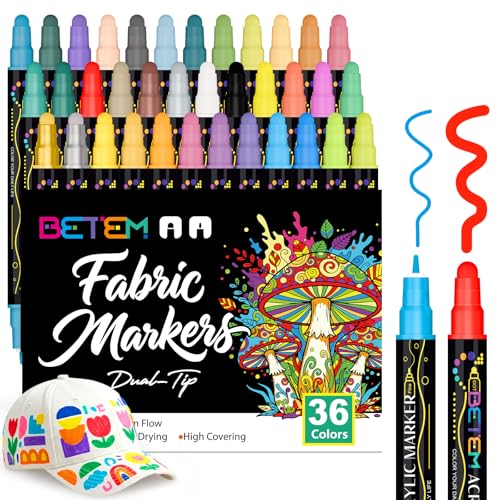 Betem 36 Colors Dual Tip Acrylic Paint Markers, Fabric Decorating Kits Premium Water-Based Acrylic Paint Pens Art Supplies for Fabric, Rock, Wood, Glass, Canvas, Ceramic, Teacher Appreciation Gift - color: 36 Colors