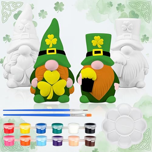 Poen 2 Pack Ready to Paint Your Own St. Patrick's Day Gnomes Statues, 4 Inches Mini Ceramics to Paint Unpainted Lucky Gnomes Tiered Tray Decor Crafts DIY for Home Table Decorations (Lucky Style) - style: Lucky Style