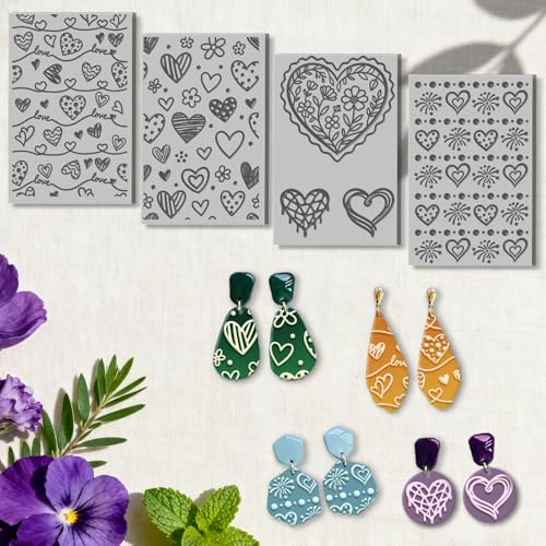 4 Sheets Heart Pattern Polymer Clay Texture Sheet Artistic Lines Patterns Rubber Texture Mat for Polymer Clay Making Earrings Jewelry DIY Crafts 4 × 2.5 Inch - style: Heart Pattern