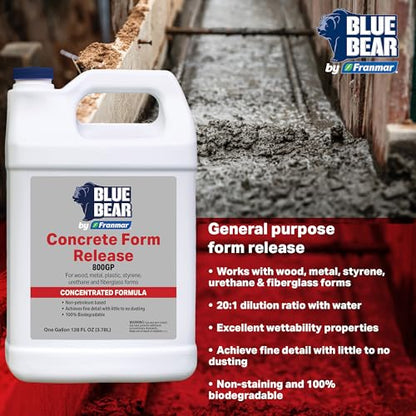 BLUE BEAR 800GP: Concrete Form Release - High-Yield - Non-Staining - Biodegradable Concrete Release Agent for Wood, Metal, Plastic, Styrene, Urethane & Fiberglass Forms