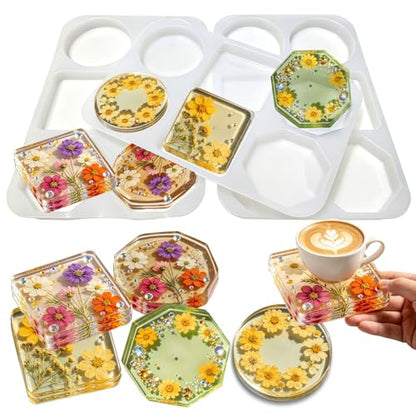 3PCS 18-Cavity Extra Deep Coaster Resin Molds, 4.7 Inch Silicone Molds for Epoxy Resin in Octagon Round Square Shapes, Reusable Molds for DIY Art Craft, Soap, Candle, Flower Preservation