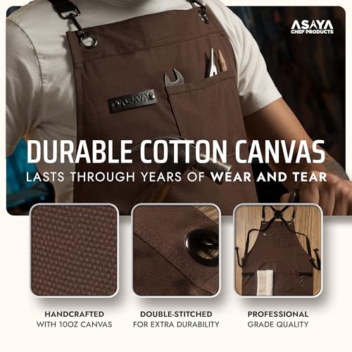 Asaya Chef and BBQ Apron with Bottle Opener and Hand Towel - 10oz Cotton Canvas, Stainless Steel Hardware - Cross Back Straps - color: Brown
