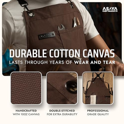 Asaya Chef and BBQ Apron with Bottle Opener and Hand Towel - 10oz Cotton Canvas, Stainless Steel Hardware - Cross Back Straps - color: Brown