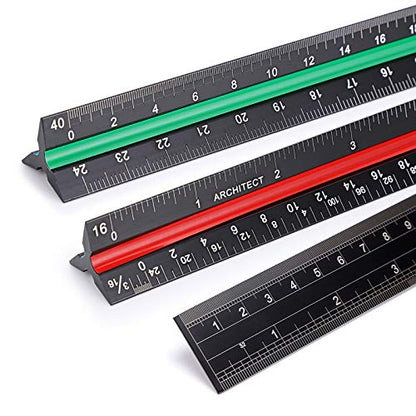 OwnMy 3 Pack 12 Inch Solid Aluminum Triangular Architect Scale Ruler Set, 3-Colors-Groove Architectural and Engineer Scale Metal Ruler Set, Clear Scales Drafting Rulers for Engineer Blueprint Project - style: Imperial Scale