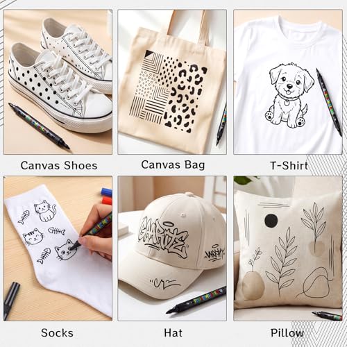 Thboxes Black Fabric Markers, 12 Pack Permanent Markers for Clothes Dual Tip Brush & Fine 1-5mm, Quick Dry Fabric Pen for T-Shirts Hats Tote Bags Canvas Shoes Sneakers