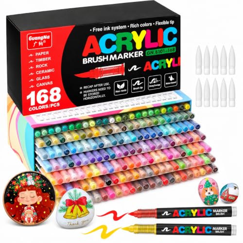Amamao 168 Colors Acrylic Markers, Soft Brush Tip Paint Pens and Paint Markers, Acrylic Pens for Wood, Stone, Canvas, Glass, Fabric, Egg, Rock Painting and DIY Crafts Art Supplies - style: 168 BOX