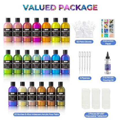 Nicpro 20 Colors Iridescent Metallic Acrylic Pour Paint Supplies Kit 8.45oz | Large Ready to Pour Premixed High Flow Pouring Paint Set with Silicone Pouring Oil, Gloves, Instructions for Beginner DIY - color: 20 Colors
