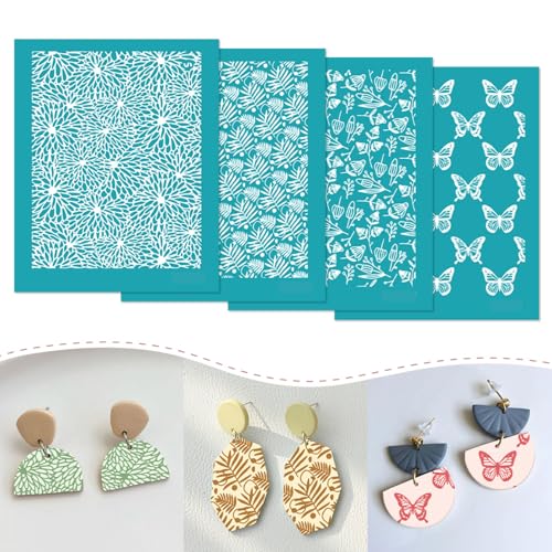 Briartw 4 Pattern Clay Silk Screen Stencil Set for Polymer Clay –Floral & Butterfly DIY Craft Templates (4.13x3.35 Inch / 10.5x8.5 cm) –for Polymer Jewelry,Earrings,Sculpting & Decorative Art - color: Floral & Butterfly Stencil Set