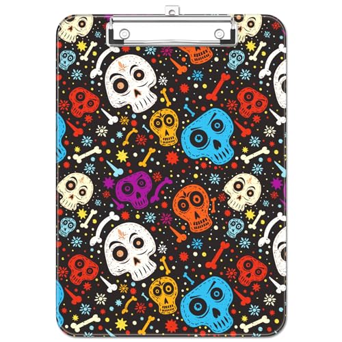 Plastic Cute Clipboard Low-Profile Metal Clip, A4 Letter Size 9 x 12.5 in, 8.5 x 11 Paper Clip Board for Teachers, Nurses, Classroom,Cute Skulls - color: Cute Skulls