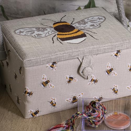 Hobby Gift Medium Sewing Box Organiser, Fabric Covered Storage Box with Handle, Internal Tray, Pin Cushion and Pocket for Sewing, Quilting and Knitting Supplies - color: Bees