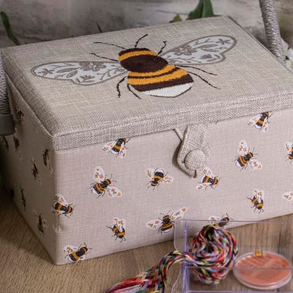 Hobby Gift Medium Sewing Box Organiser, Fabric Covered Storage Box with Handle, Internal Tray, Pin Cushion and Pocket for Sewing, Quilting and Knitting Supplies - color: Bees