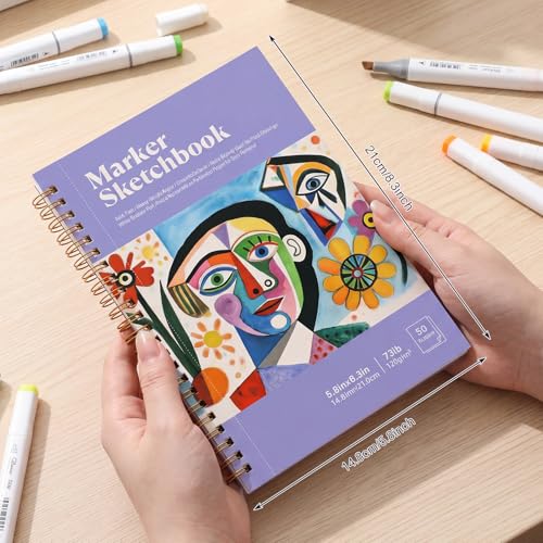 Prudiut Marker Paper Sketchbook 5.8x8.3 in, 120Gsm Acid Free Spiral Binding 1 Pack, Anti Bleed Double Sided Drawing Pad for Beginners Artists Gift, Multi Media Art Supplies Portfolio Book - size: 5.8×8.3 Inch (1 Pack)