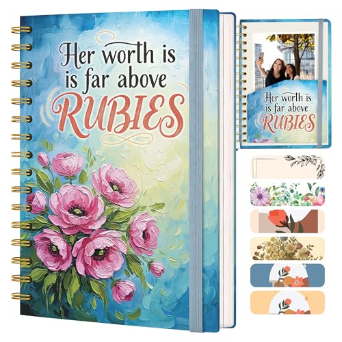 Hardcover Blank Spiral Christian Notebook – 140 Quality Pages | Lined Pages with Bible Verse Cover – Inspirational Writing Notebook for Bible Study, “Her Worth Is Far Above Rubies" - color: Rubies