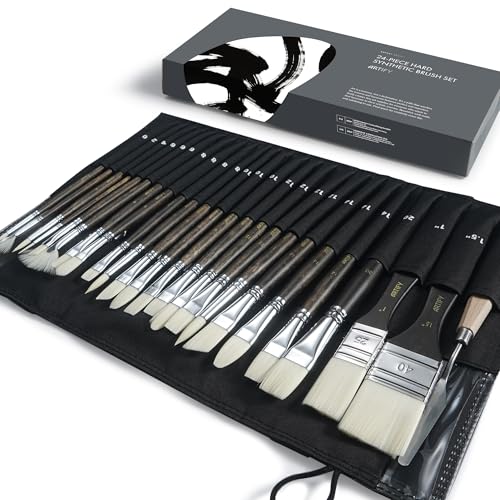 ARTIFY 24 Pieces Synthetic Hog Bristle Paint Brush Set – Expert Series Nylon Brushes for Acrylic, Oil Painting– No Shedding, Canvas Roll Case & Palette Knife, Artist Gifts Art Supplies - color: Brown- Synthetic Hog Bristle