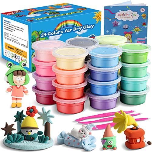 ifergoo Modeling Clay Kit for Kids - 24 Colors Magic Air Dry Clay, Ultra Light, Safe & Non-Toxic, School Crafts & Party Favors, Great DIY Creative Modeling Toys Gift for Age 3-12 Boys & Girls Children - color: 24 Colors