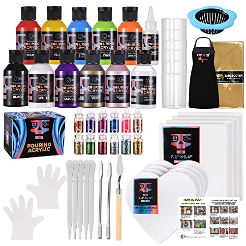 OPHIR 10 Colors Acrylic Pouring Paint Set with Pouring Medium,Varnish, 8xPaint Cotton Canvases,12xGlitter Powder, 2xTableclothes, 2xAprons, 20xGloves,High Flow Pour Painting Supplies Tools Starter Kit - color: Complete Pouring Paint Kit (Beginning Kit)