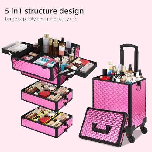 Somduy Rolling Makeup Case, Makeup Train Case with Lid, 5 in 1 Cosmetology Case on Wheels, Christmas Gift, Large Makeup Organizers, Profesional Cosmetic Case for Salon Barber, Rose Red - color: Rose Red
