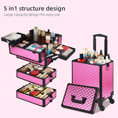 Somduy Rolling Makeup Case, Makeup Train Case with Lid, 5 in 1 Cosmetology Case on Wheels, Christmas Gift, Large Makeup Organizers, Profesional Cosmetic Case for Salon Barber, Rose Red - color: Rose Red