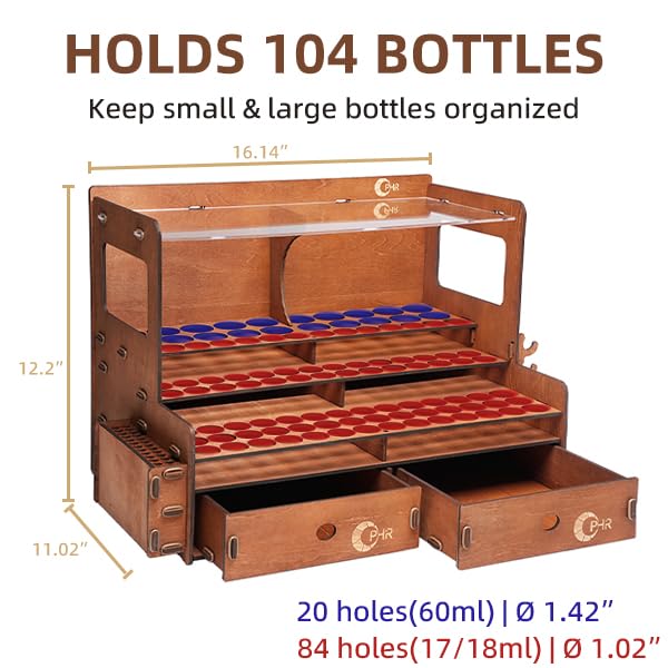 OPHIR Paint Organizer, Wooden 104 Holes Paint Holder with 26 Brush Holes, 1 Brush Holder with 6 Slots, 2 Painting Handles, 2 Drawers for Miniature Paints Storage, Paint Holes Dia.1.02 & 1.42 Inches - color: (Dia.1.02" & 1.42")104 Paint Holes+2x Paint Brus