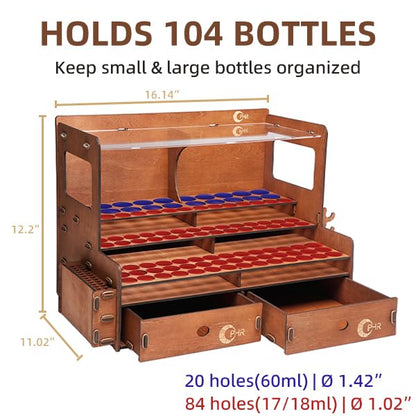 OPHIR Paint Organizer, Wooden 104 Holes Paint Holder with 26 Brush Holes, 1 Brush Holder with 6 Slots, 2 Painting Handles, 2 Drawers for Miniature Paints Storage, Paint Holes Dia.1.02 & 1.42 Inches - color: (Dia.1.02" & 1.42")104 Paint Holes+2x Paint Brus