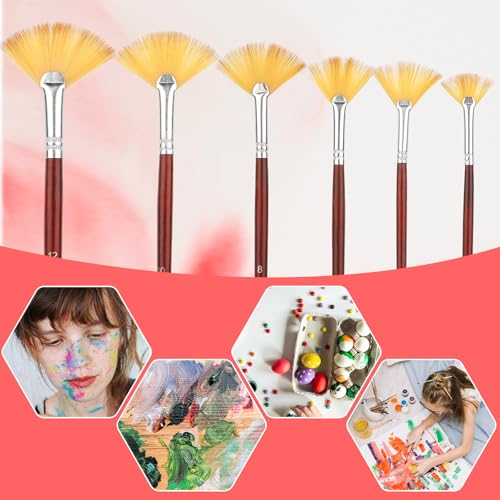 6 Pieces Artist Fan Paint Brush Set,Professional Acrylic Paint Brushes with Nylon Hair DIY Craft Long Wood Handle for Acrylic Watercolor Oil Gouche Painting Rock Painting