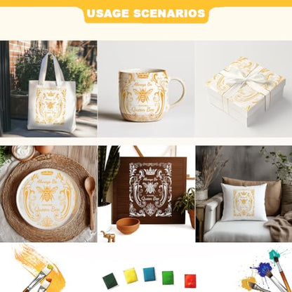 2 Sheets Queen BEE Silkscreen Stencil, European Style Painting Stencils Templates Reusable Self-Adhesive Silk Screen Printing for Wall Border Wood Fabric Home Craft Decor - style: Queen BEE
