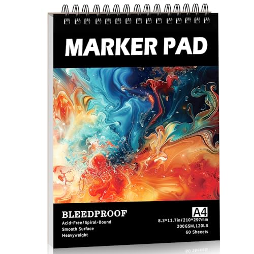 60 Sheets Marker Paper Pad, A4(8.3"x11.7") Alcohol Marker Paper Sketch Pad, 120lb/200gsm Heavyweight Spiral Sketch Book, Painting Coloring Drawing Paper for Beginners Artists - size: 8.3×11.7 Inch (60 Sheets )