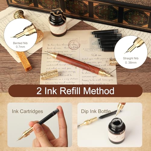 Calligraphy Pen Set - Feather Dip Pen,Dual Tip Calligraphy Fountain Pen | Stamp, Wax Candle, Pen Base, Ink Bottle, Ink Cartridges L492