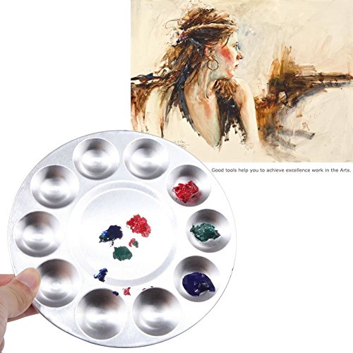 COMIART 10-Well Round Metal Paint Palette Tray Set, 2 Pack - Aluminum Artist Palette for Watercolor, Acrylic & Oil Painting - Professional & Student Art Supplies