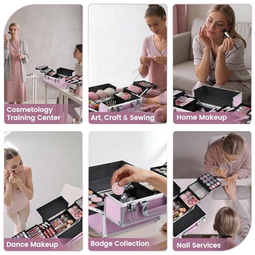 Frenessa Makeup Train Case Large Portable Cosmetic Case - 6 Tier Trays Professional Makeup Storage Organizer Box Make Up Carrier with Lockable keys - Pink - color: Pink