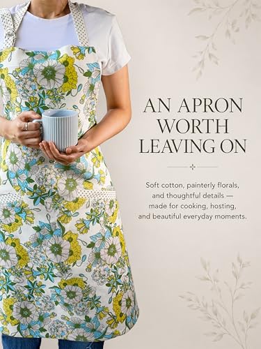 100% Cotton Printed Kitchen Apron with 2 Pockets for Men and Women – Adjustable Chef Apron - Machine Washable - color: Floral Yellow
