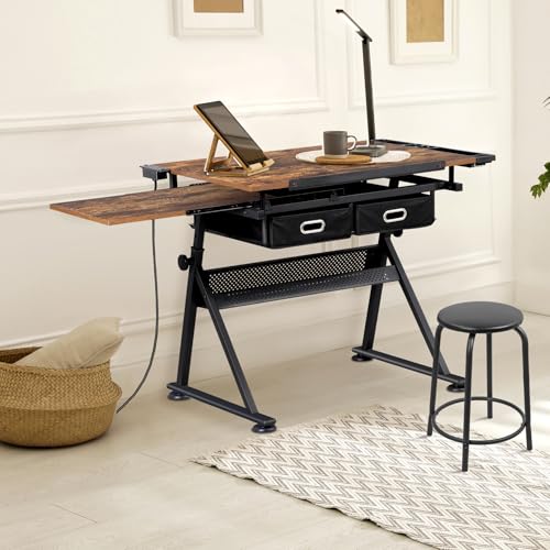 ZENY Adjustable Drafting Table with Stool, Tilting Drawing Desk Artist Table with Storage Drawers, Art Craft Workstation for Home Office Reading, Writing, Crafting - color: Retro-with Outlet