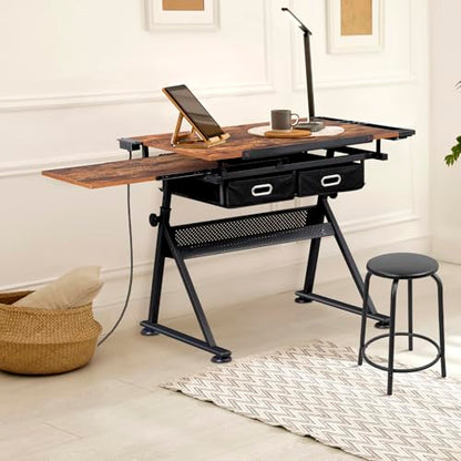 ZENY Adjustable Drafting Table with Stool, Tilting Drawing Desk Artist Table with Storage Drawers, Art Craft Workstation for Home Office Reading, Writing, Crafting - color: Retro-with Outlet