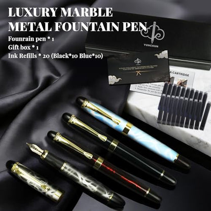 YUNCHUN Marble Fountain Pen for Writing, Refillable Luxury Metal Pens with Ink Pen with 10 Black and 10 Blue Ink Refills, Business Writing Fountain Pen for Men and Women, Marble Black - color: Marble Black