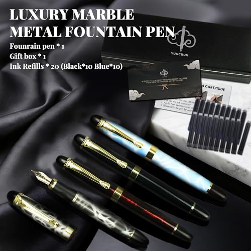 YUNCHUN Marble Fountain Pen for Writing, Refillable Luxury Metal Pens with Ink Pen with 10 Black and 10 Blue Ink Refills, Business Writing Fountain Pen for Men and Women, Marble Black & White - color: Marble Black & White