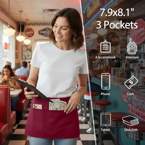 BOHARERS Waist Apron with 3 Pockets 12 Pack - Red Waitress Server Short Apron - color: F-12 Pack Red