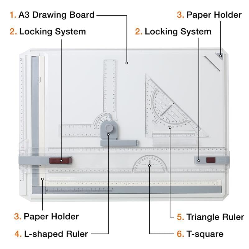 Japard A3 Drafting Board Portable Drawing Board Metric Multi-Function Portable Table with Ruler, Angle Adjustable Measuring System Art Christmas Gift