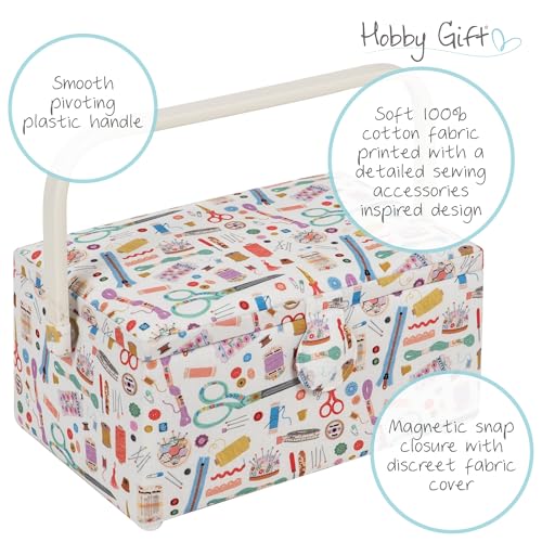 Hobby Gift Medium Sewing Box Organiser, Fabric Covered Storage Box with Handle, Internal Tray, Pin Cushion and Pocket for Sewing, Quilting and Knitting Supplies - color: Haby Notions