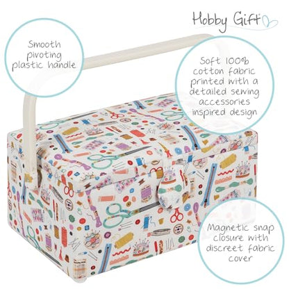 Hobby Gift Medium Sewing Box Organiser, Fabric Covered Storage Box with Handle, Internal Tray, Pin Cushion and Pocket for Sewing, Quilting and Knitting Supplies - color: Haby Notions