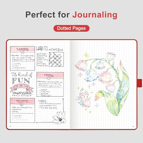 AHGXG Dotted Journal Notebook, 160 Numbered Pages, A5 Medium Size (5.7'' x 8.3''), 120 GSM Thick Paper, Leather Hardcover, for Journaling, Planning, Tracking (Red) - color: Red, style: Dotted