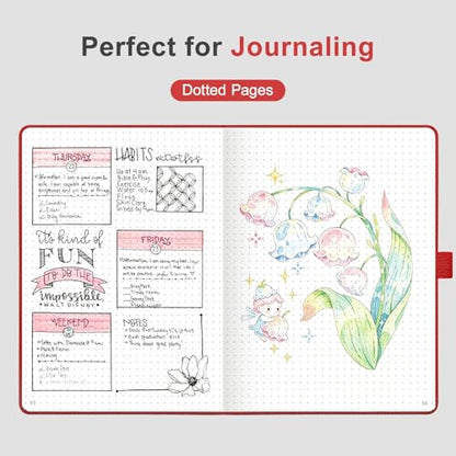 AHGXG Dotted Journal Notebook, 160 Numbered Pages, A5 Medium Size (5.7'' x 8.3''), 120 GSM Thick Paper, Leather Hardcover, for Journaling, Planning, Tracking (Red) - color: Red, style: Dotted