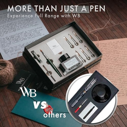 Wordsworth & Black Calligraphy Pen Gift Set, Includes Bottle, 6 Cartridges, Refill Converter, 6 Replacement Nibs, Premium Package, Journaling, Smooth Writing Pens [Green Chrome] - color: Green Chrome