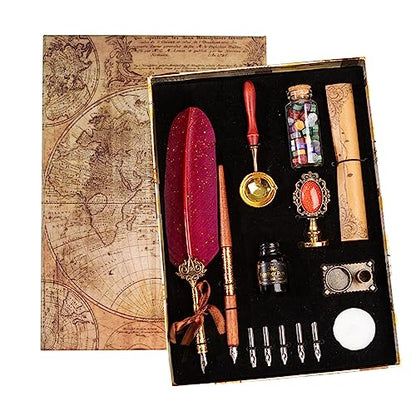 Joyeee Red Feather Pen and Ink Set, Writing Quill Pen with Ink, Brass Wax Seal Stamp, Metal Dip Pen Holder, Letter Paper, Wax Seal Beads, Tealight, Retro Gift Box, Unique Birthday Gifts for Him - color: #98 Wine red quill pen set