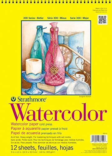 Strathmore 300 Series Watercolor Paper Pad,Top Wire Bound, 9x12 inches, 12 Sheets (140lb/300g)-Artist Paper for Adults and Students-Watercolors,Mixed Media, Markers and Art Journaling (Pack of 12) - size: 9x12 (Pack of 12), style: Wire Binding