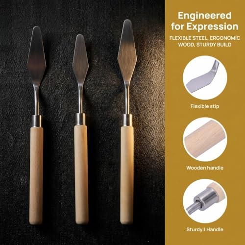 3Pcs Palette Knife Set with Wooden Handle, Metal Paint Scraper Tools for Oil Painting, Mixing, Spreading and Texture Art