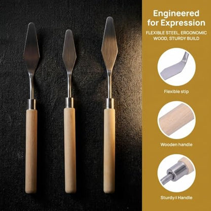 3Pcs Palette Knife Set with Wooden Handle, Metal Paint Scraper Tools for Oil Painting, Mixing, Spreading and Texture Art