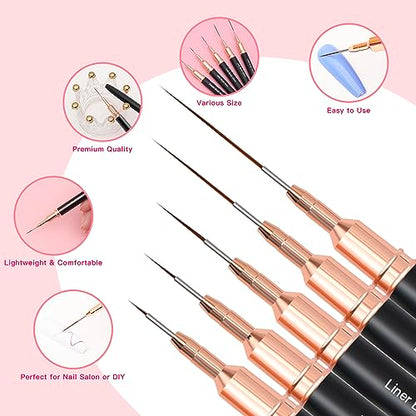 Komall Metallic Nail Art Brushes, 5Pcs Liner Brush Set, UV Gel Polish Painting Art Design Pen for Long Lines, Thin Details, Fine Drawing Sizes 4/8/12/20/25mm(Black) - color: Black