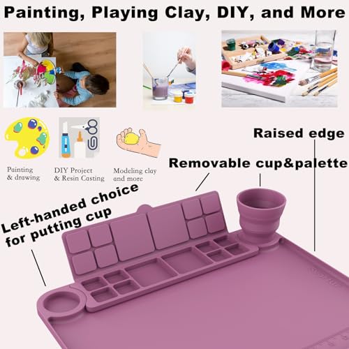 Svartur Silicone Painting Mat with Cup and Palette Detachable, 17"X13" Thick Silicone Craft Mat with Raised Edge for Artist, Painting Station Creator Mat, Purple - color: Purple