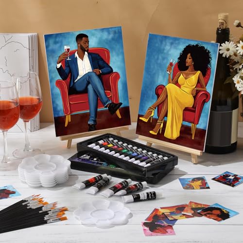 Cholemy 36 Pcs Paint and Sip Kit for Adults 8''x10'' Pre Drawn Canvas for Painting DIY Afro Acrylic Painting Kit Wood Easel Brushes Date Night Bulk for Summer 4th of July Party Gift(Couple) - style: Couple